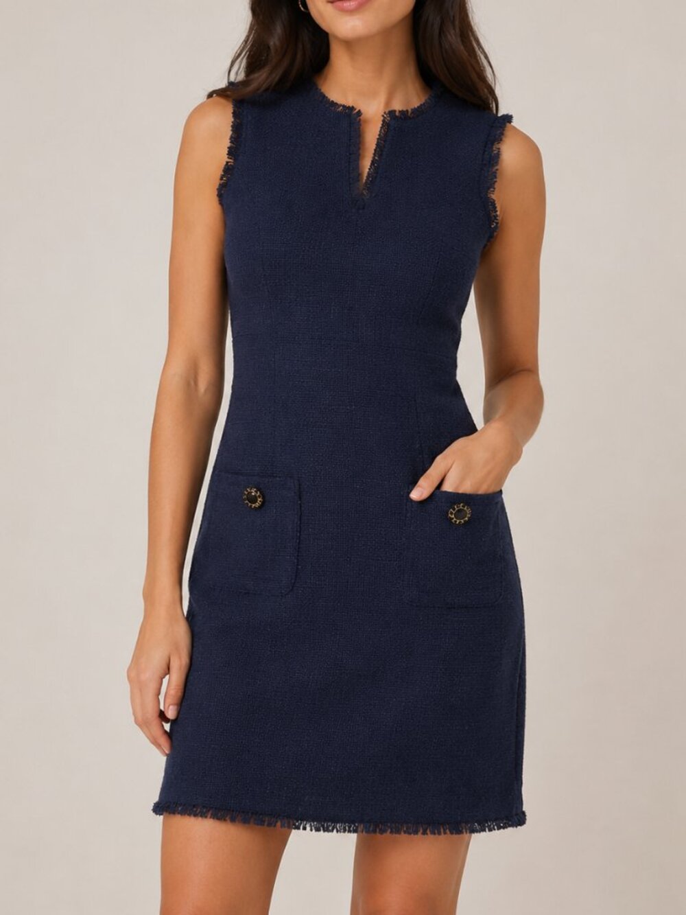 Karl Lagerfeld Paris Navy Tweed Sheath Dress Size 0 Sleeveless Fringe Trim